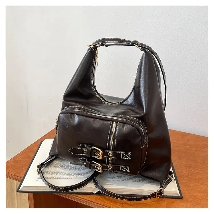 New Women's Brown Leather Shoulder Bag with Buckle Decor — feature 22