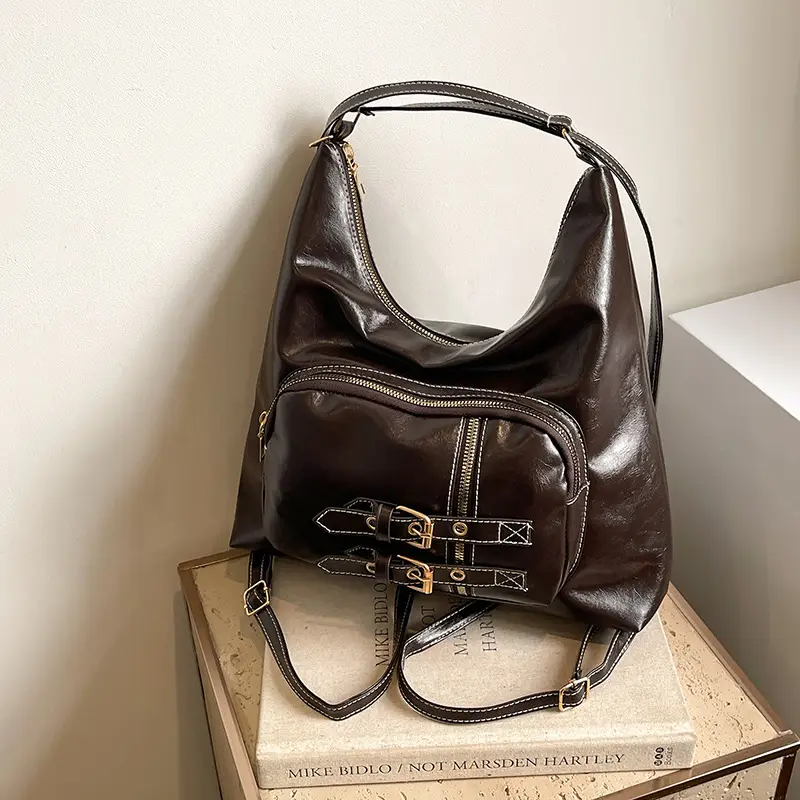 New Women's Brown Leather Shoulder Bag with Buckle Decor - Image 2