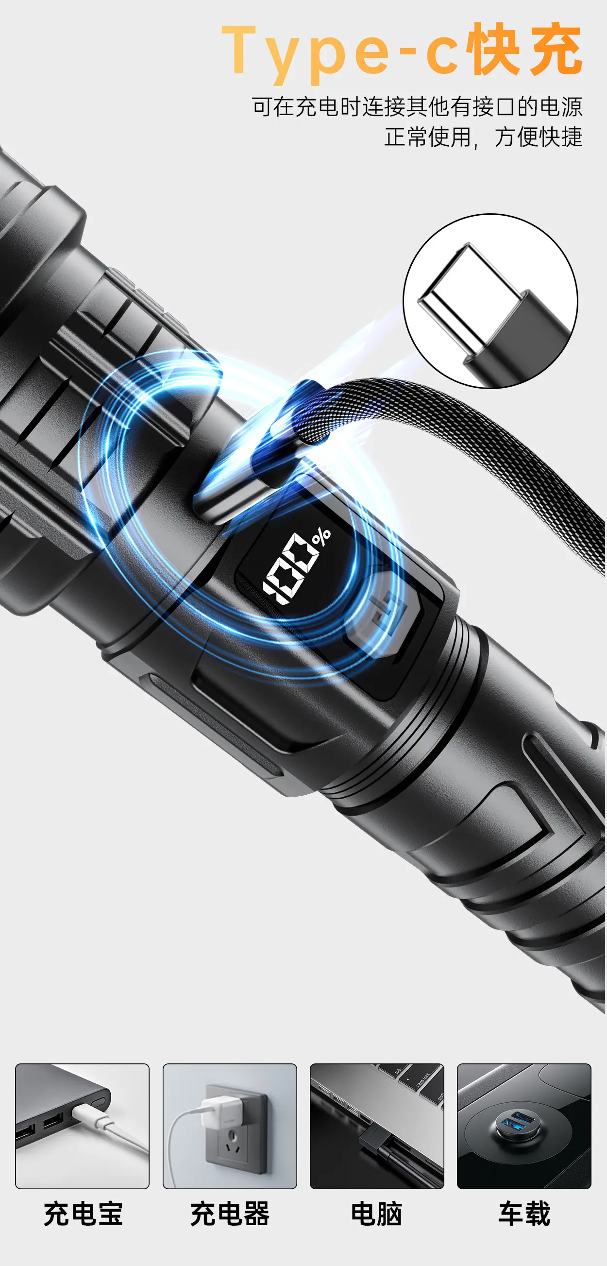 Portable Electric Flashlight with LED Beam & Carabiner Hook β feature 4