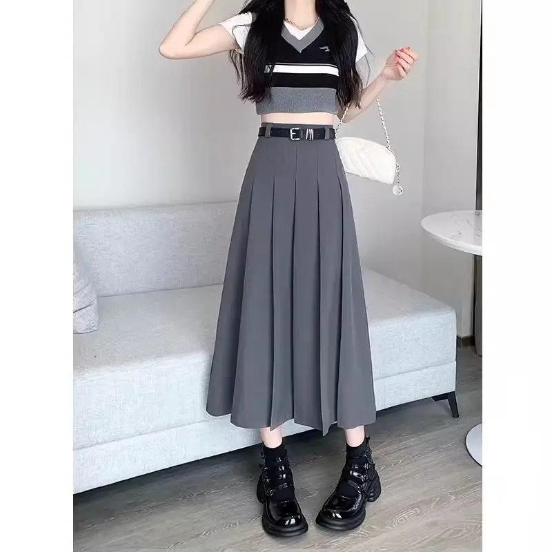Black Pleated High Waist Skirt for Women Spring Summer