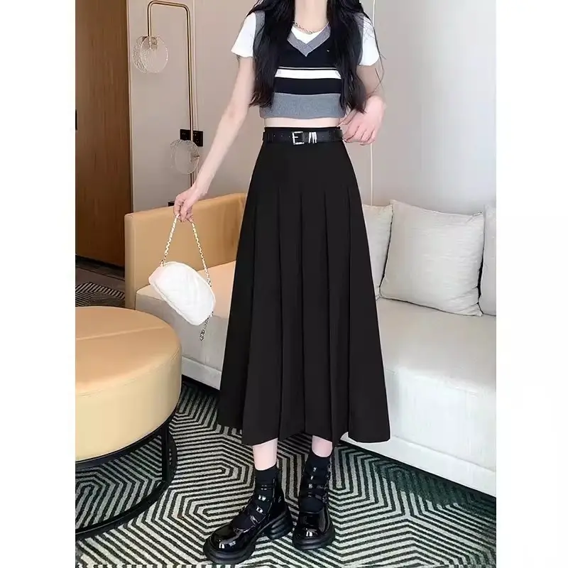 Black Pleated High Waist Skirt for Women Spring Summer