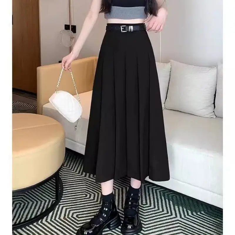 Black Pleated High Waist Skirt for Women Spring Summer