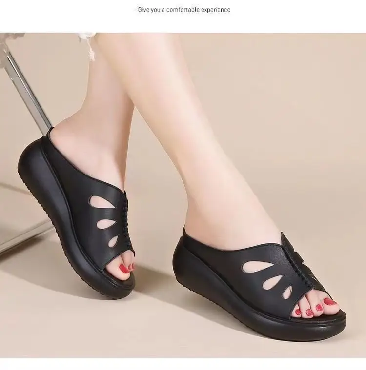 Mother Slippers Women's 2025 Summer New Mid-heel Outer Wear Hollow-out Women's Slippers Middle-aged Women's Wedge Slippers — feature 10