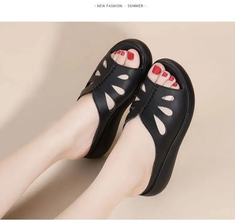 Mother Slippers Women's 2025 Summer New Mid-heel Outer Wear Hollow-out Women's Slippers Middle-aged Women's Wedge Slippers — feature 13