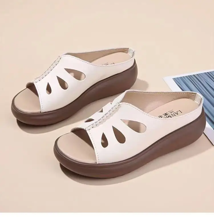 Mother Slippers Women's 2025 Summer New Mid-heel Outer Wear Hollow-out Women's Slippers Middle-aged Women's Wedge Slippers — feature 15