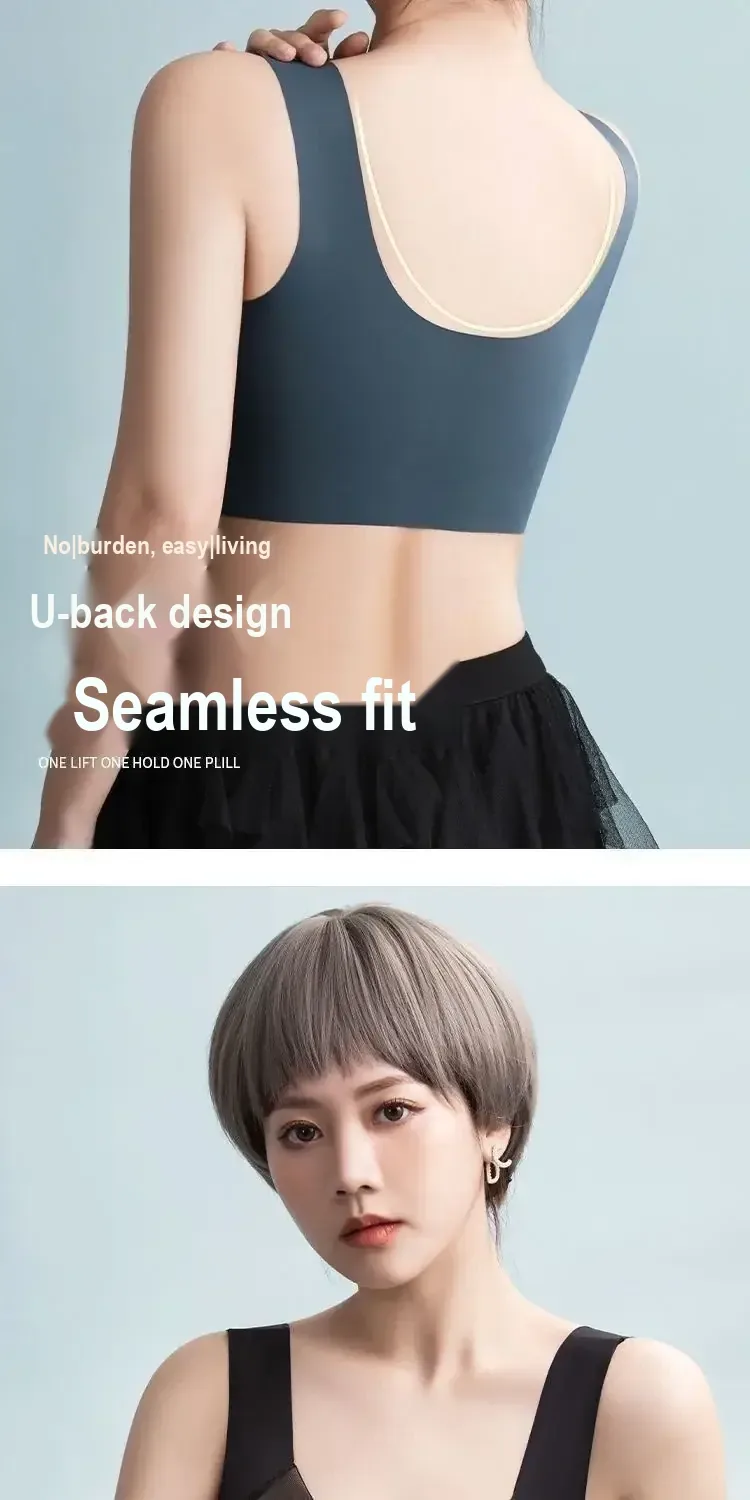 Rear view of a model wearing a dark slate bra with U-shaped back.