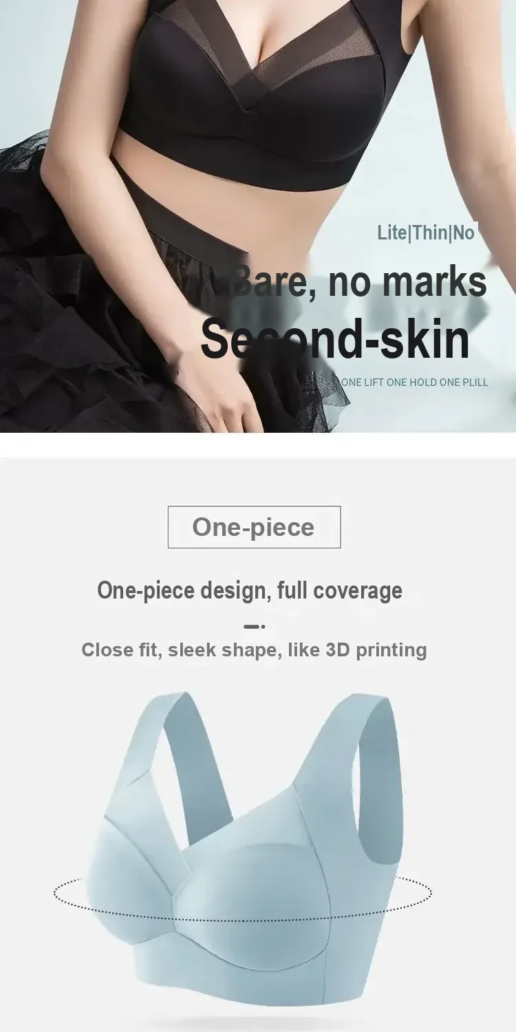 Model wearing a black bra beside Chinese promotional text.