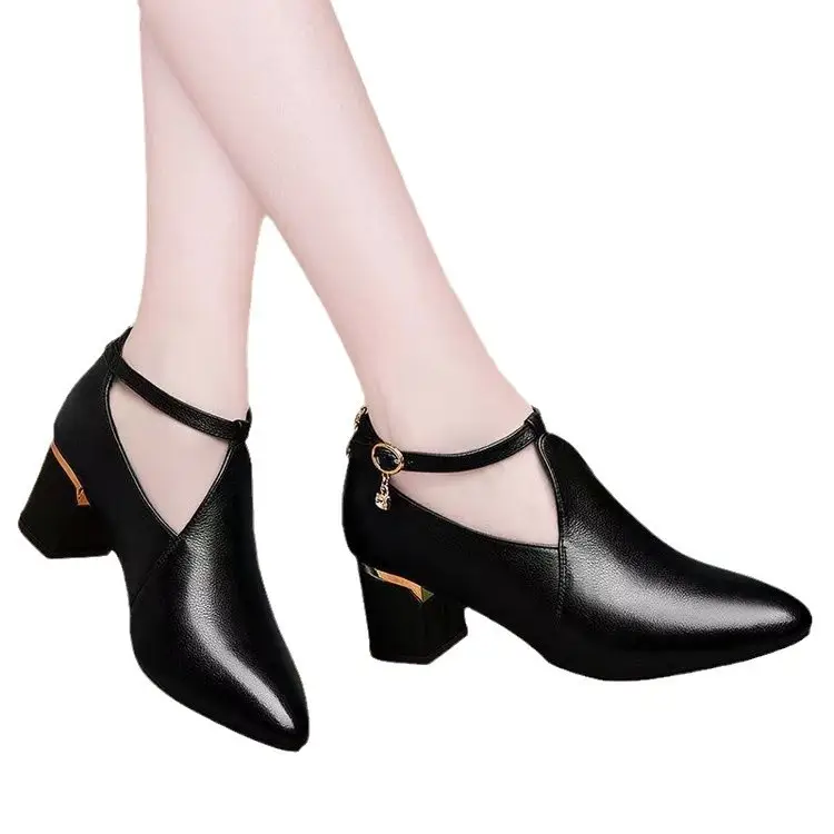 Black Leather Mid Heel Women's Shoes 2025 Spring - Image 6