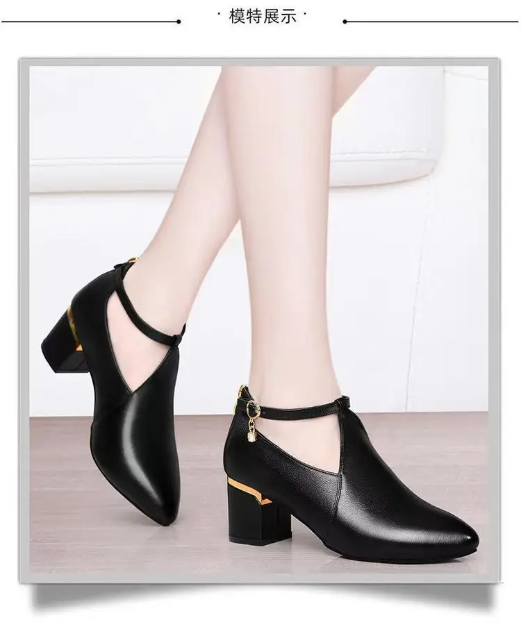 Black Leather Mid Heel Women's Shoes 2025 Spring — feature 10