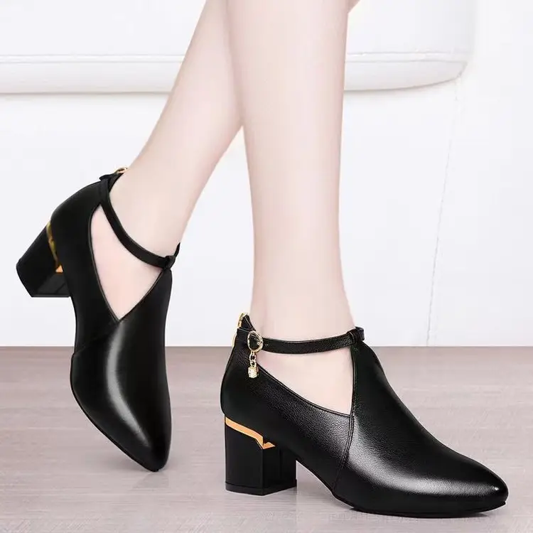 Black Leather Mid Heel Women's Shoes 2025 Spring — feature 2