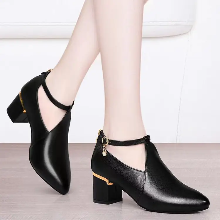 Black Leather Mid Heel Women's Shoes 2025 Spring — feature 6