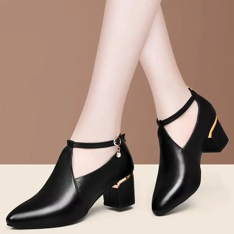 Black Leather Mid Heel Women's Shoes 2025 Spring — feature 8