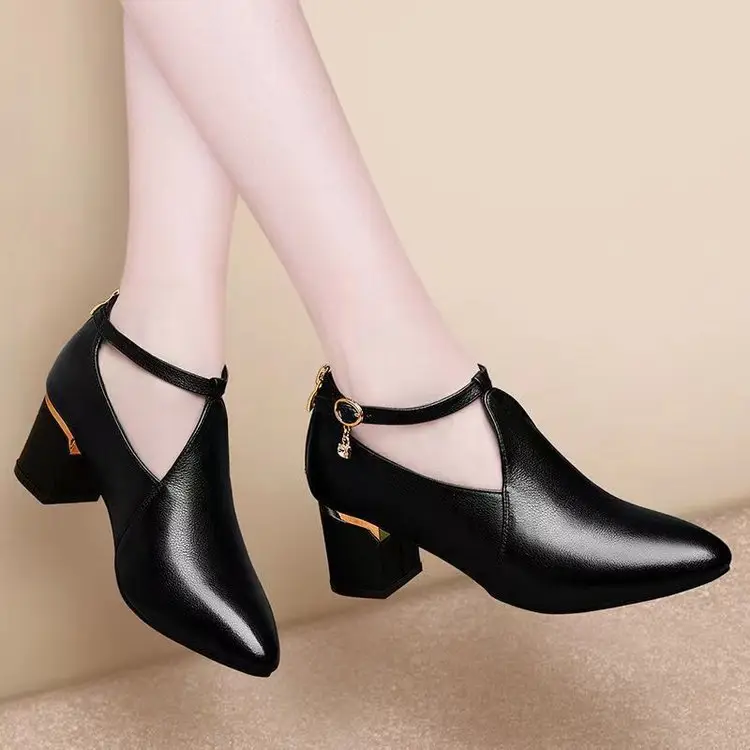 Black Leather Mid Heel Women's Shoes 2025 Spring — feature 9