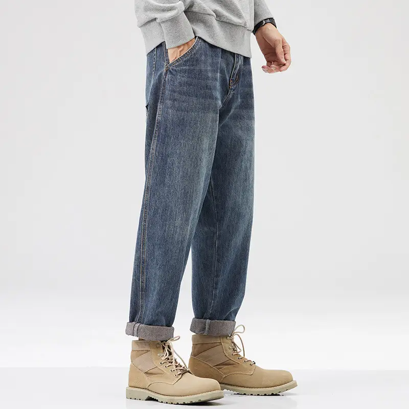 Men Dark Blue Retro American Loose Straight Pants