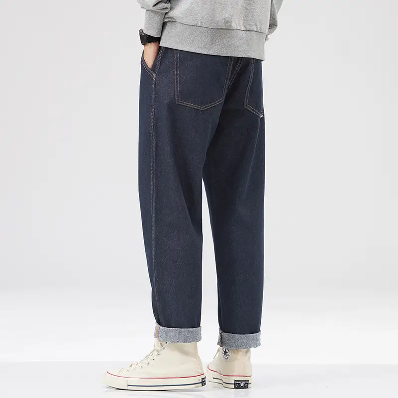 Men Dark Blue Retro American Loose Straight Pants