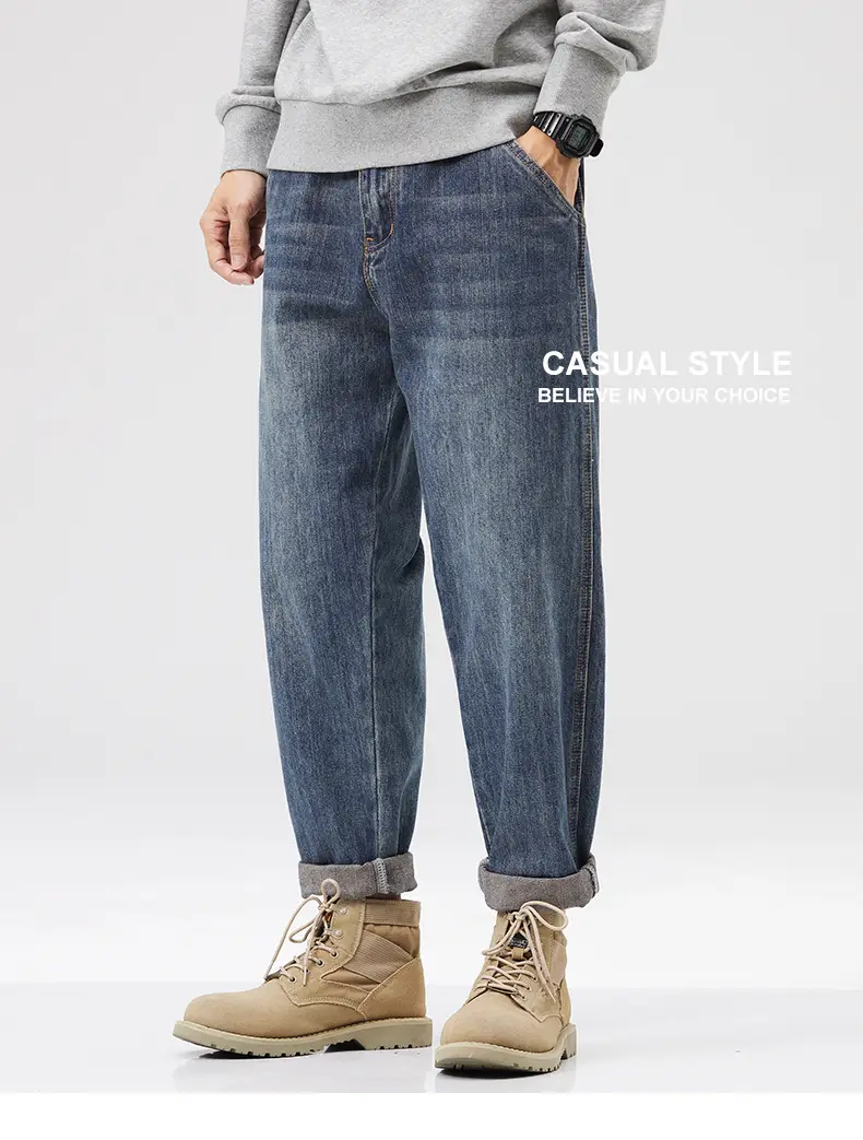 Men Dark Blue Retro American Loose Straight Pants — feature 1