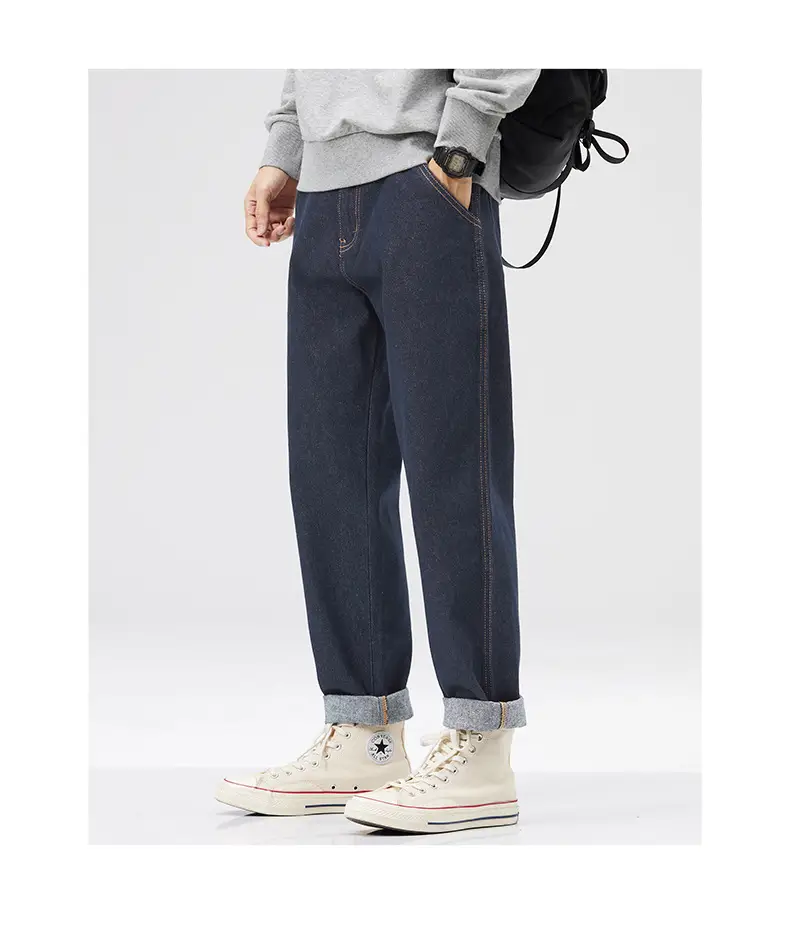 Men Dark Blue Retro American Loose Straight Pants — feature 10