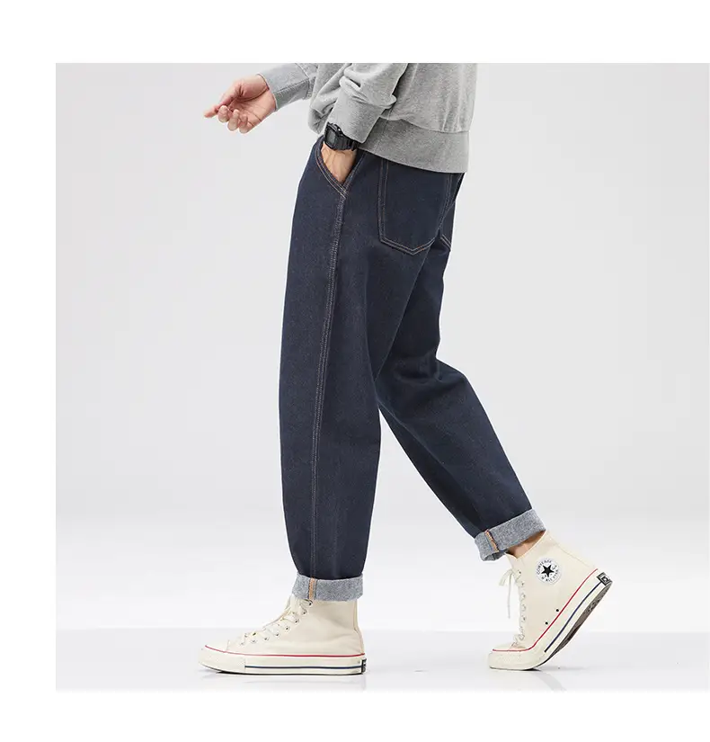 Men Dark Blue Retro American Loose Straight Pants — feature 13