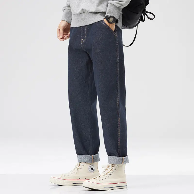 Men Dark Blue Retro American Loose Straight Pants