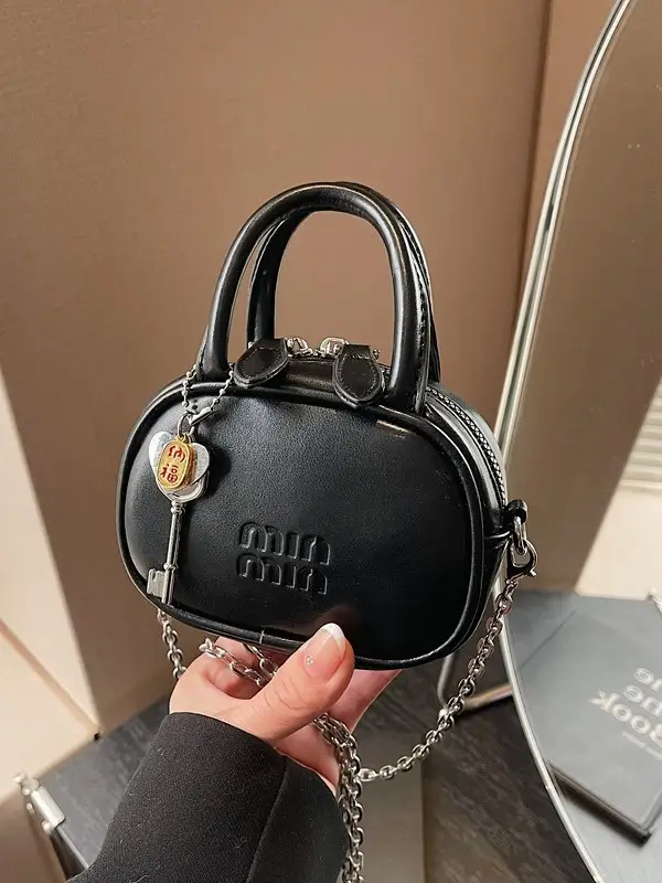 Textured Mini Chain Shoulder Bag Women Black - Image 11