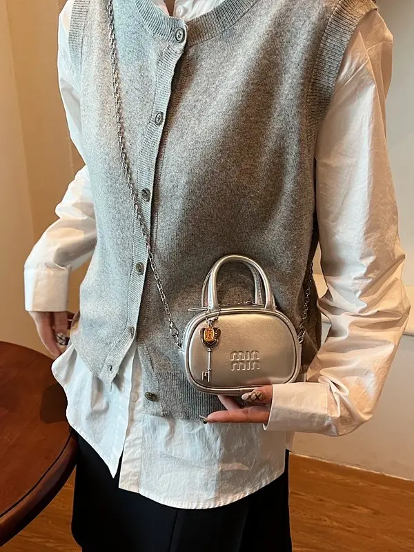 Textured Mini Chain Shoulder Bag Women Black - Image 14