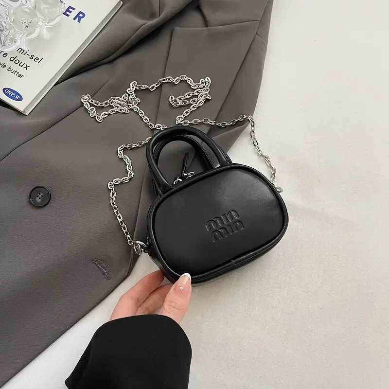 Textured Mini Chain Shoulder Bag Women Black - Image 6