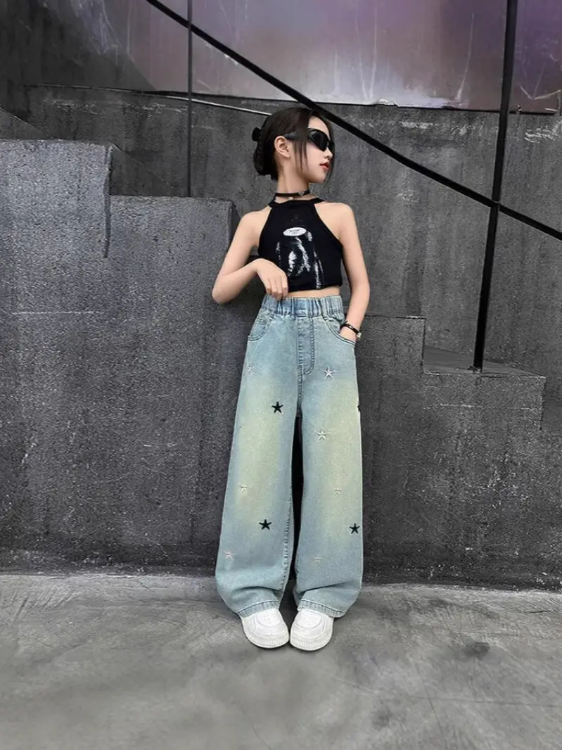 Girls' Jeans Spring & Fall New Internet Celebrity Medium and Large Children's Loose Girls' Single Pants Spring Autumn Summer Straight Wide Leg Pants