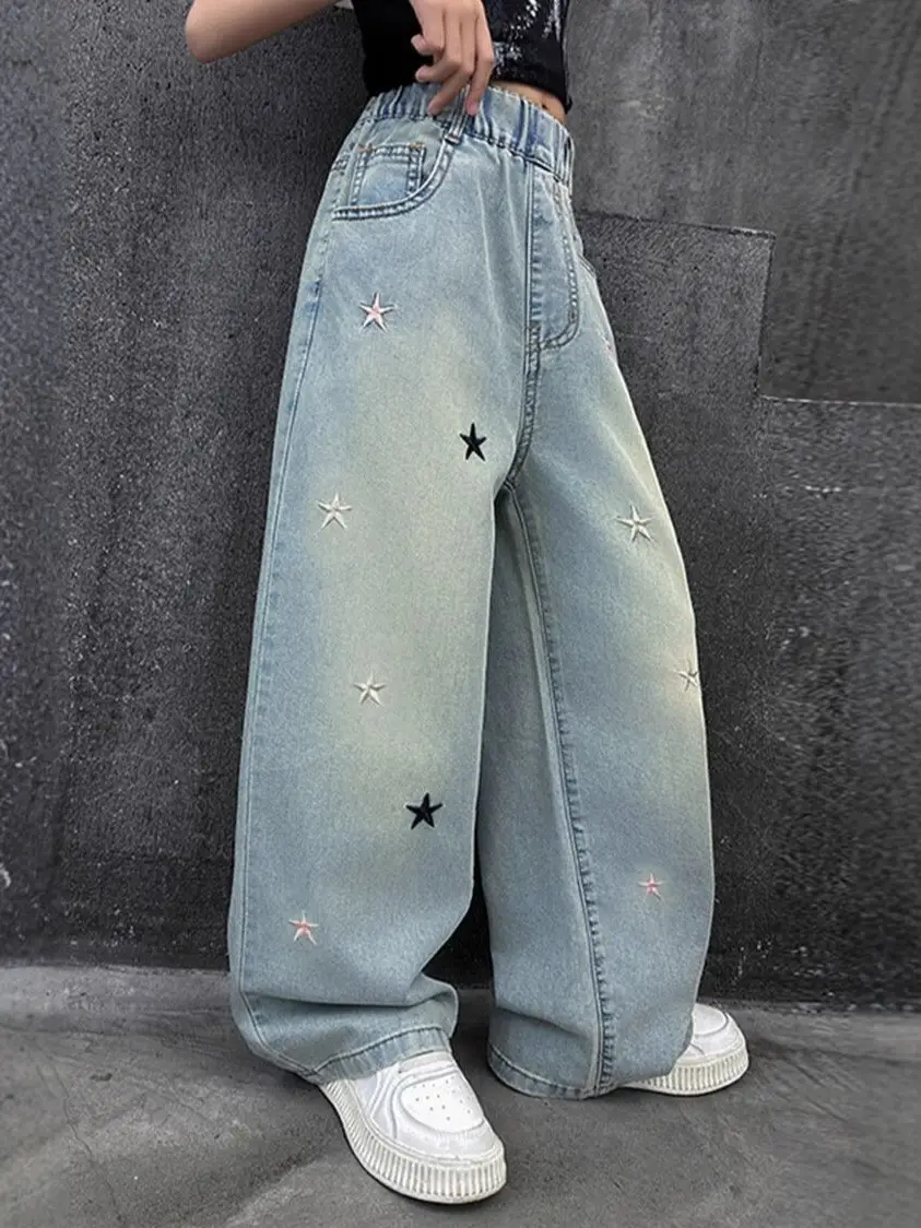 Girls' Jeans Spring & Fall New Internet Celebrity Medium and Large Children's Loose Girls' Single Pants Spring Autumn Summer Straight Wide Leg Pants