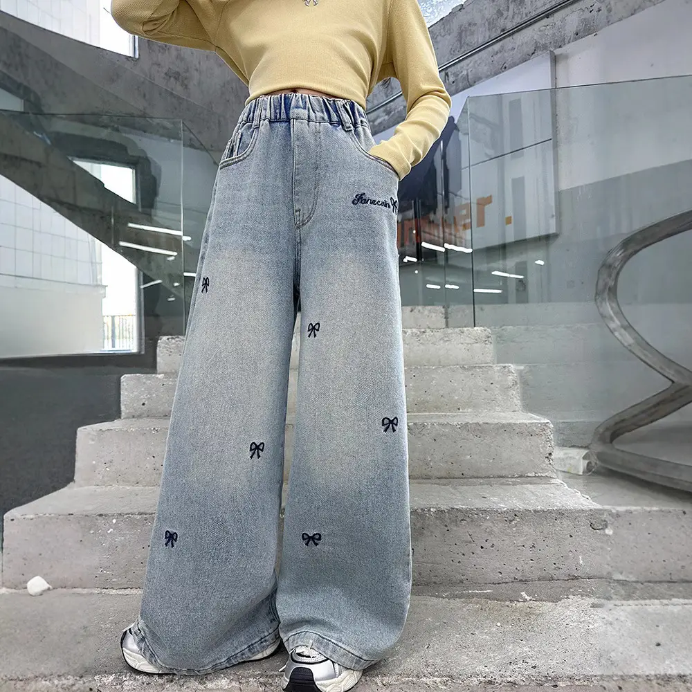 Girls' Jeans Spring & Fall New Internet Celebrity Medium and Large Children's Loose Girls' Single Pants Spring Autumn Summer Straight Wide Leg Pants