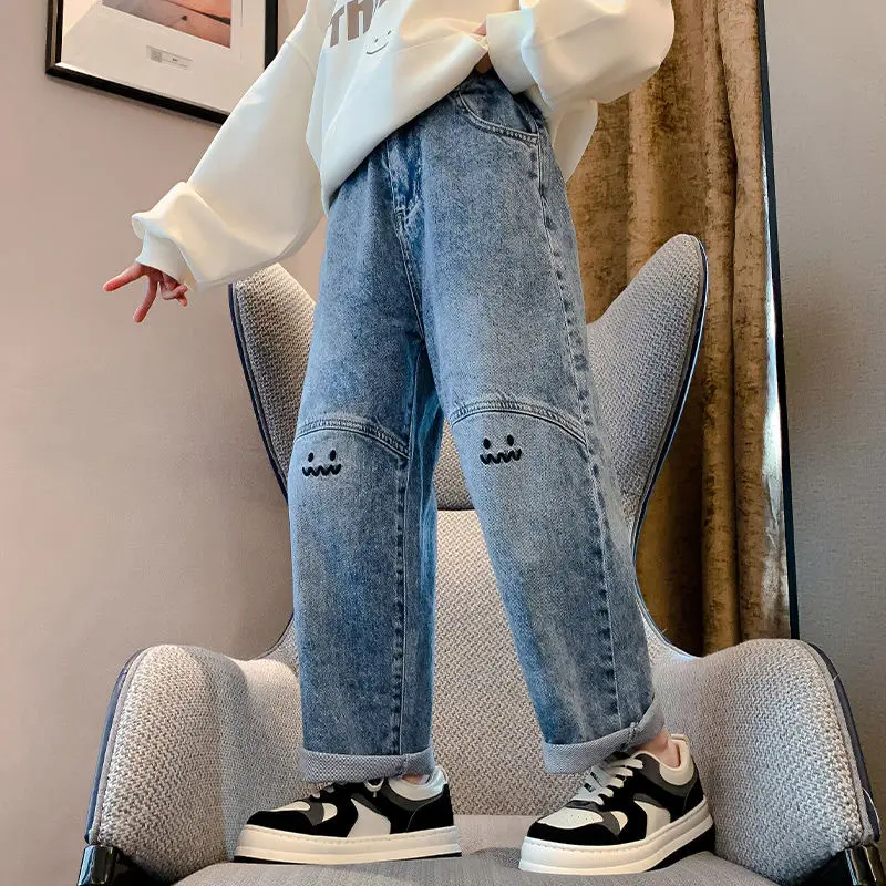 Girls' Jeans Spring & Fall New Internet Celebrity Medium and Large Children's Loose Girls' Single Pants Spring Autumn Summer Straight Wide Leg Pants