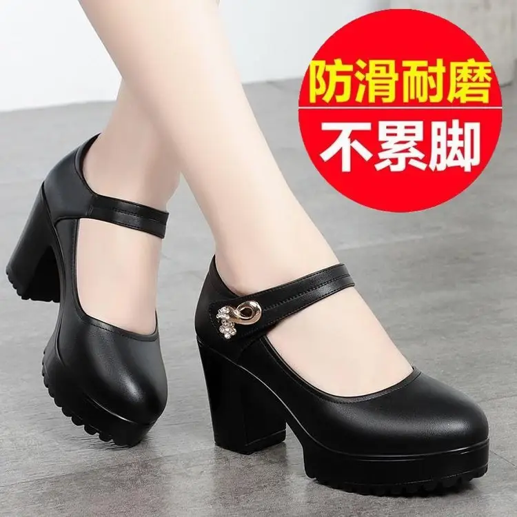 Women's Black Platform Heels with Thick Heel & Waterproof Design - Image 3
