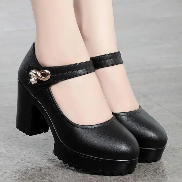 Women's Black Platform Heels with Thick Heel & Waterproof Design - Image 4