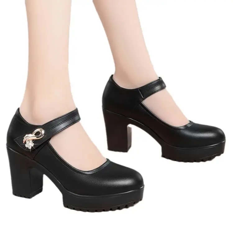Women's Black Platform Heels with Thick Heel & Waterproof Design - Image 6