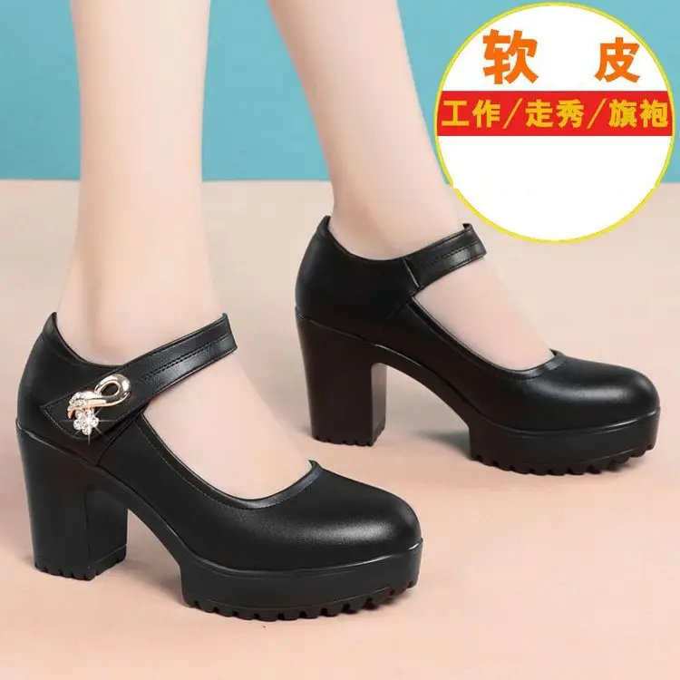 Women's Black Platform Heels with Thick Heel & Waterproof Design — feature 1