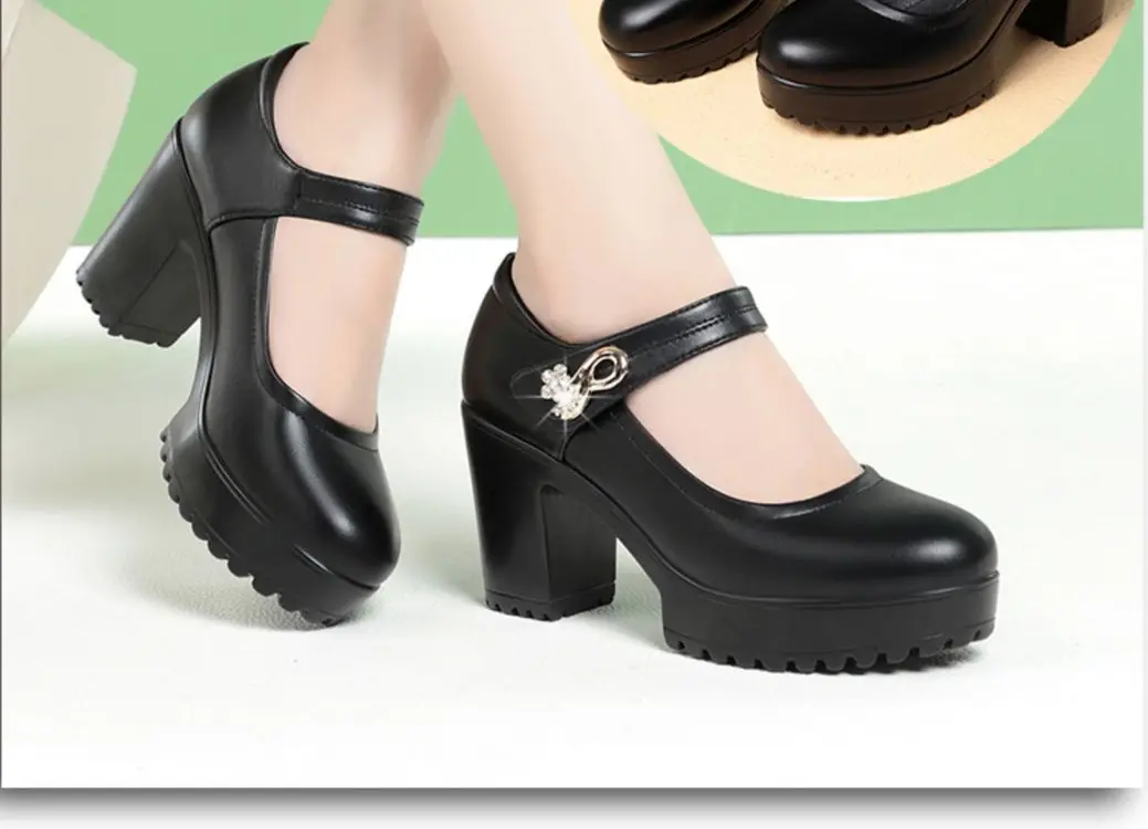 Women's Black Platform Heels with Thick Heel & Waterproof Design — feature 5
