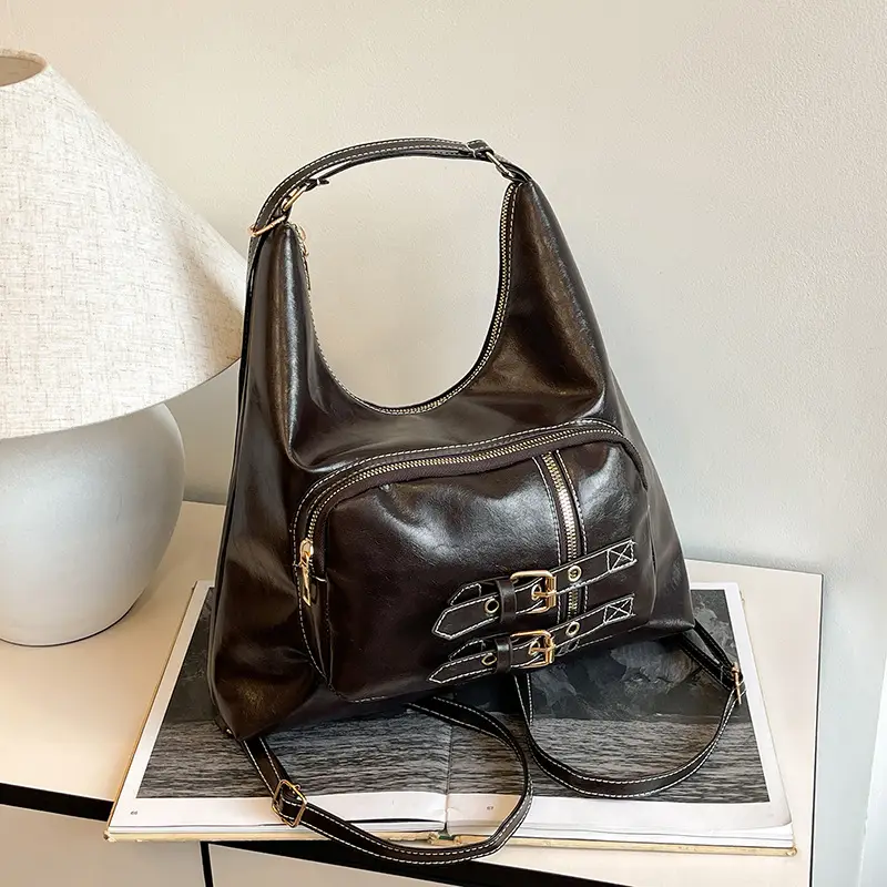 Brown Leather Shoulder Bag with Decorative Buckle - Image 3
