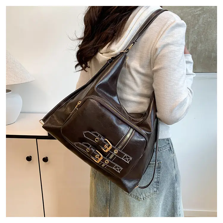 Brown Leather Shoulder Bag with Decorative Buckle — feature 13