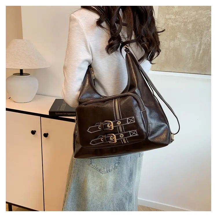 Brown Leather Shoulder Bag with Decorative Buckle — feature 14