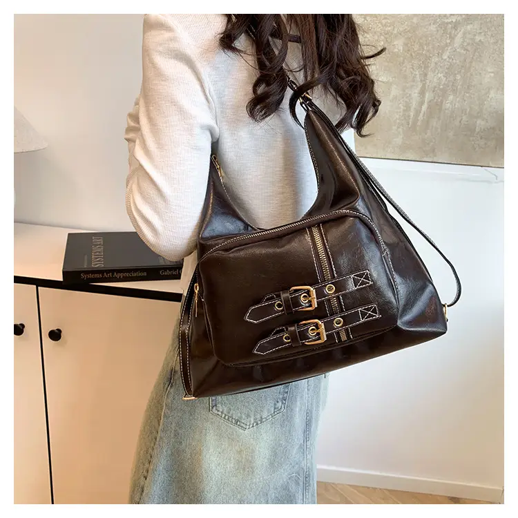 Brown Leather Shoulder Bag with Decorative Buckle — feature 15