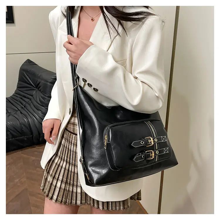 Brown Leather Shoulder Bag with Decorative Buckle — feature 16