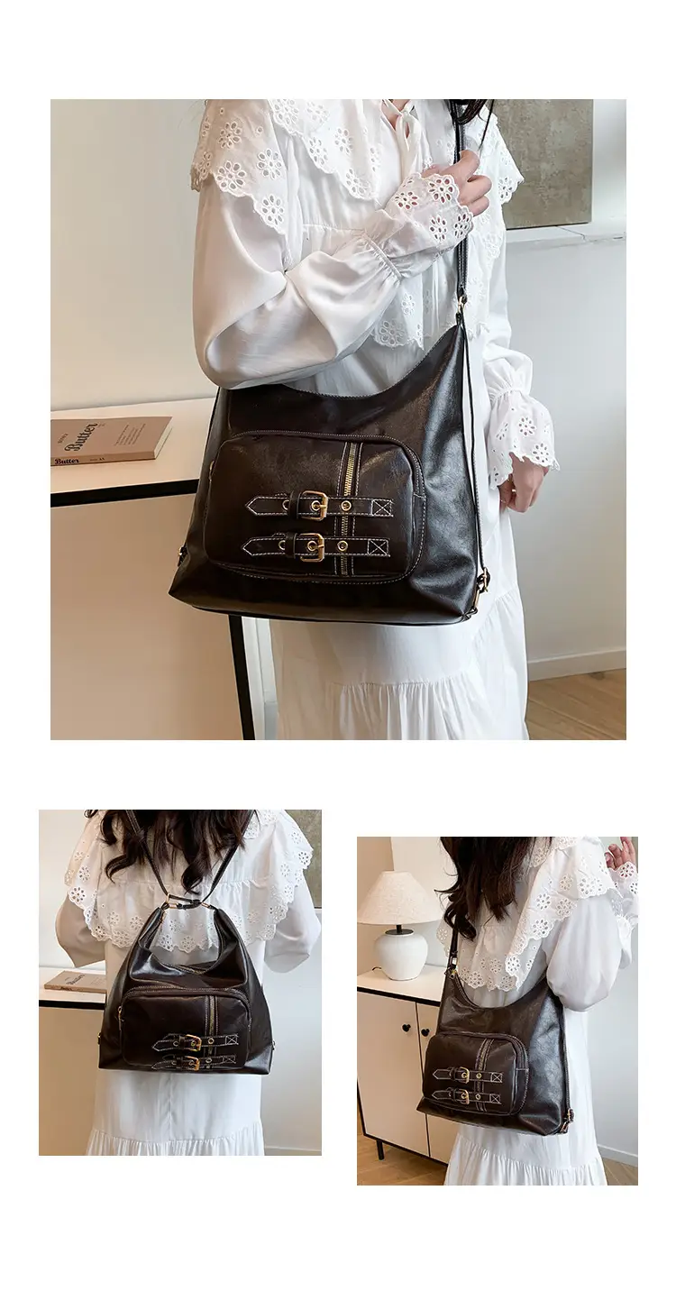 Brown Leather Shoulder Bag with Decorative Buckle — feature 19