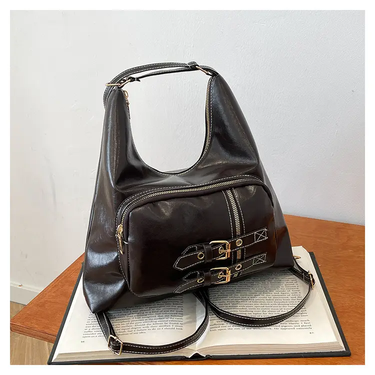Brown Leather Shoulder Bag with Decorative Buckle — feature 22