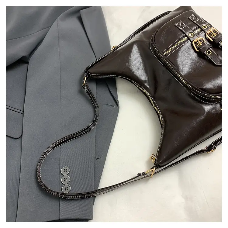 Brown Leather Shoulder Bag with Decorative Buckle — feature 6