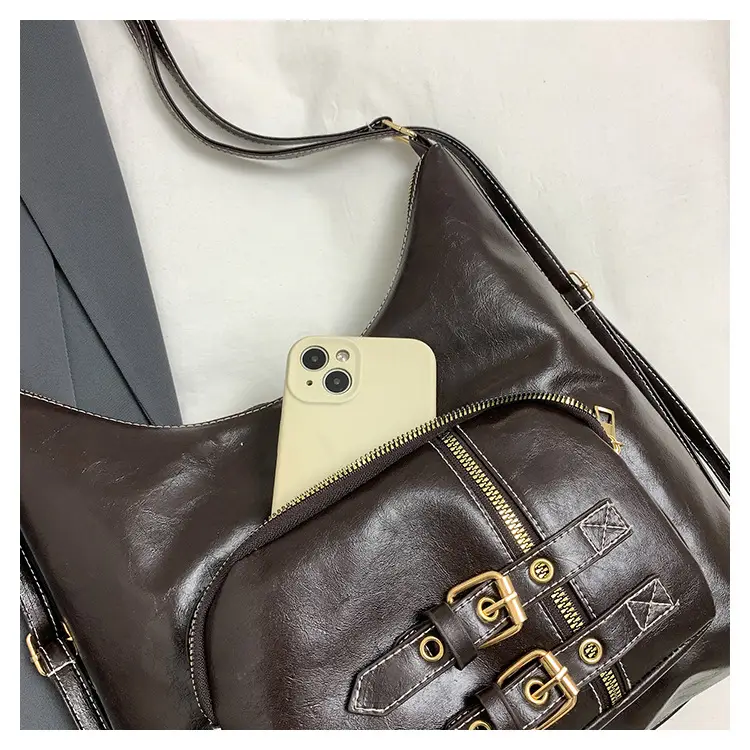 Brown Leather Shoulder Bag with Decorative Buckle — feature 9