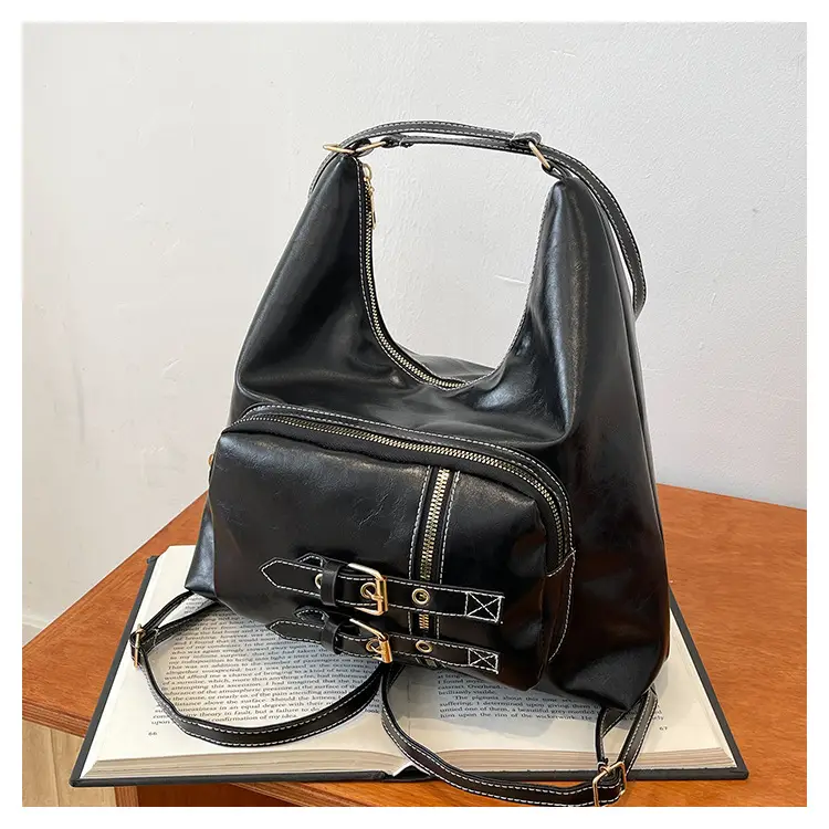 Brown Leather Shoulder Bag with Decorative Buckle - Image 2