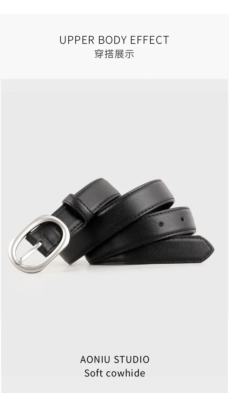2025 New Women's Black Leather Belt with Oval Pin Buckle — feature 11