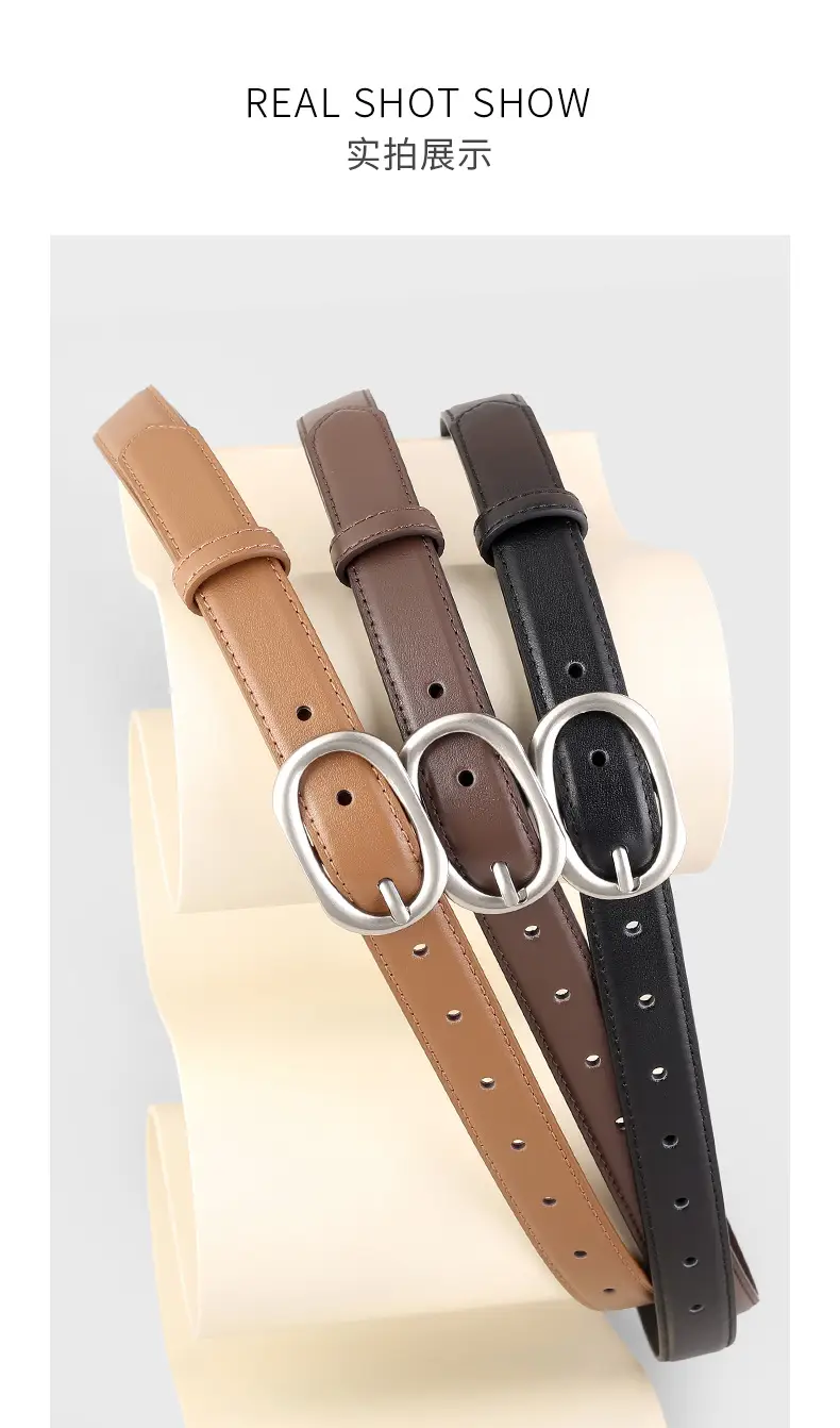 2025 New Women's Black Leather Belt with Oval Pin Buckle — feature 14