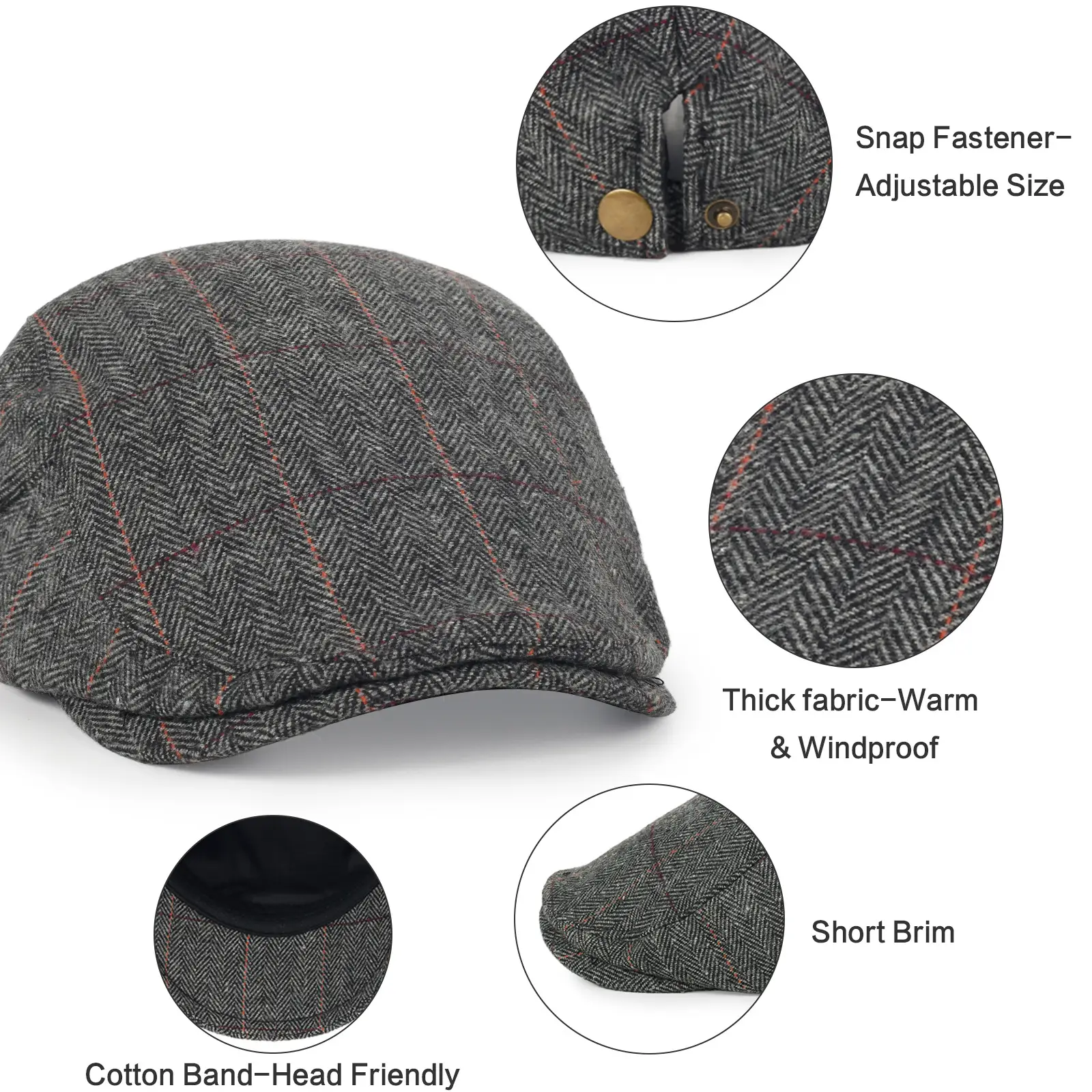 Men's Grey Quilted Flat Cap British Style Forward Cap - Image 11