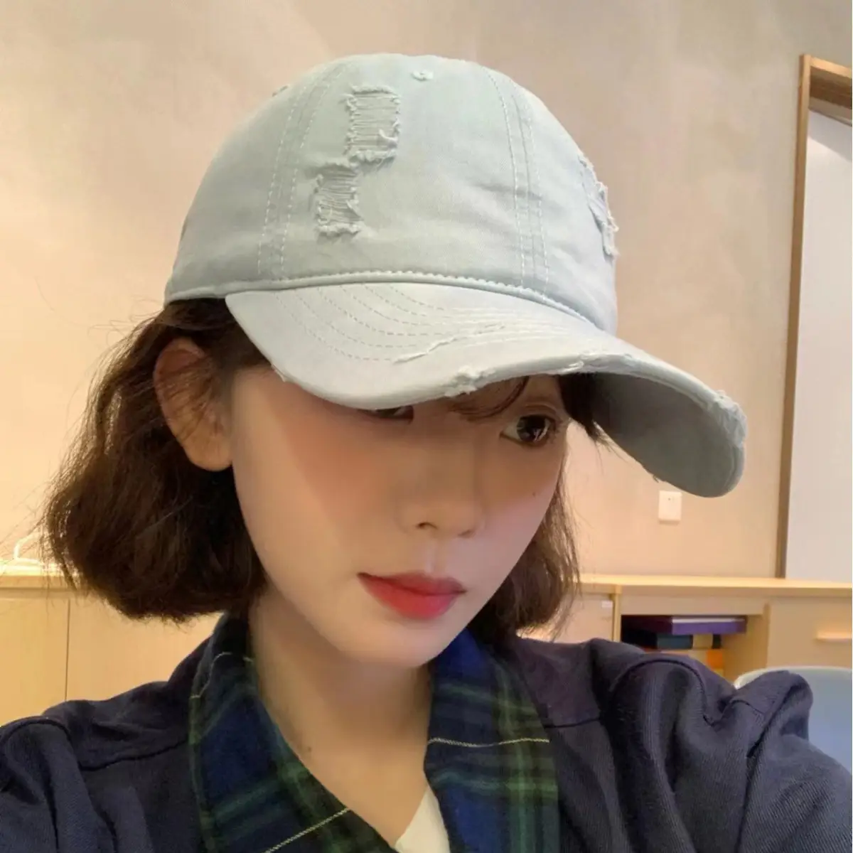 Red Ripped Baseball Cap with Embroidered Logo - Image 4
