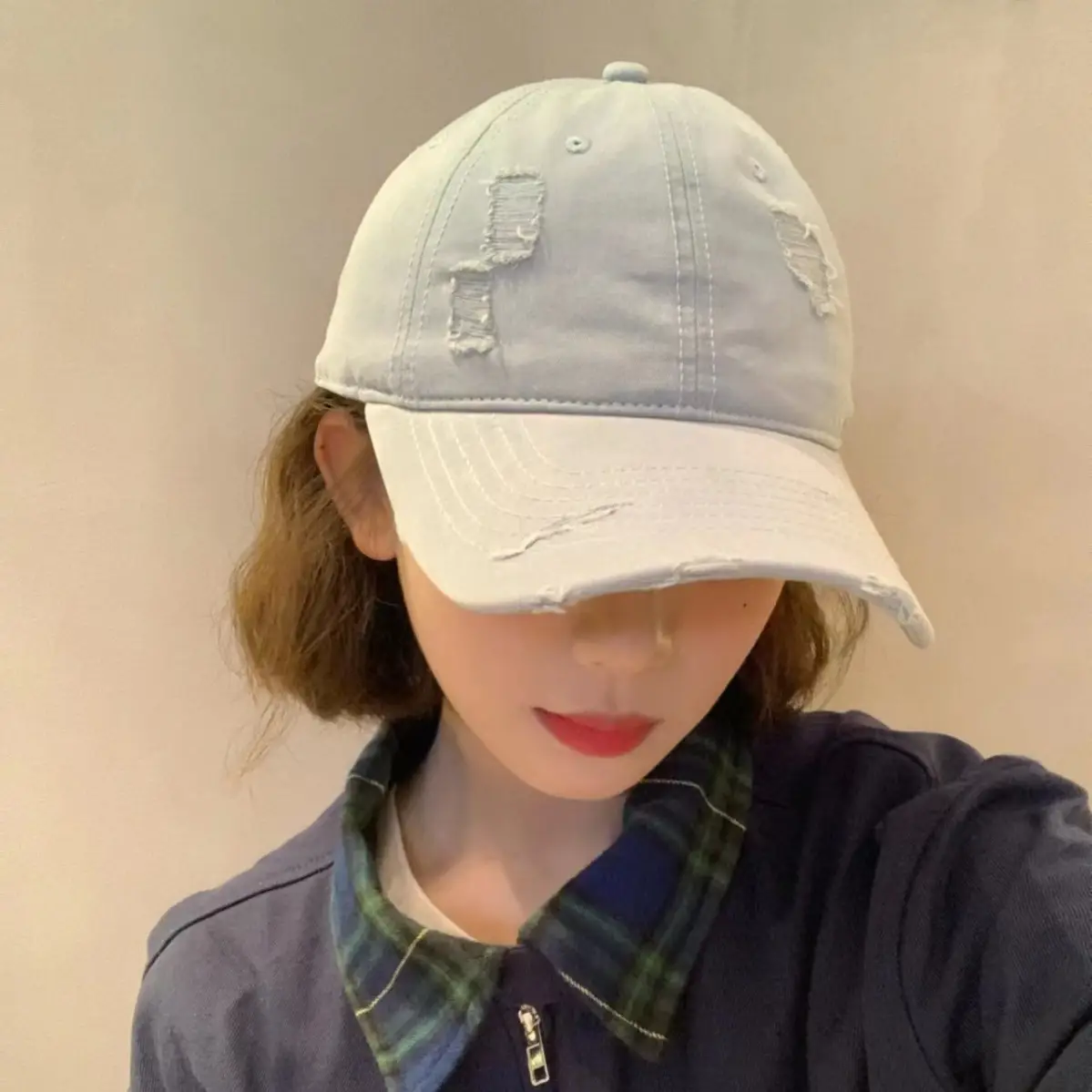 Red Ripped Baseball Cap with Embroidered Logo - Image 5